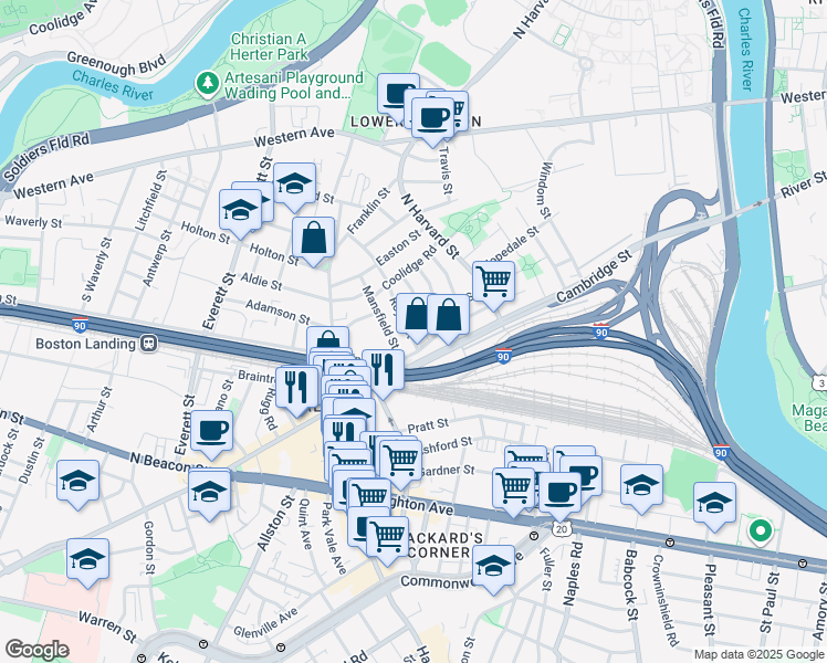 map of restaurants, bars, coffee shops, grocery stores, and more near 7 Mansfield Street in Boston