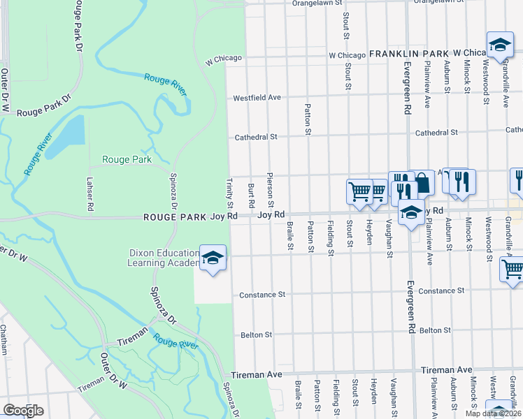 map of restaurants, bars, coffee shops, grocery stores, and more near 8688 Burt Road in Detroit