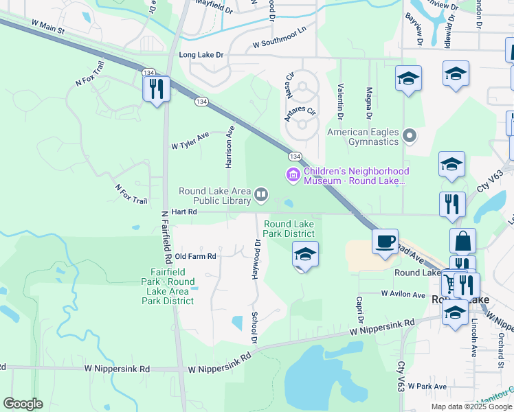 map of restaurants, bars, coffee shops, grocery stores, and more near 906 Hart Road in Round Lake
