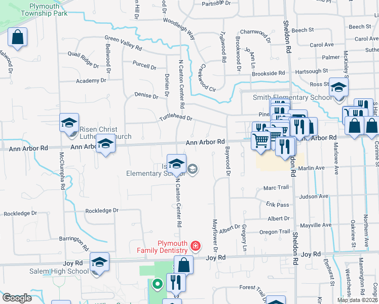 map of restaurants, bars, coffee shops, grocery stores, and more near 45349 Stonehedge Drive in Plymouth