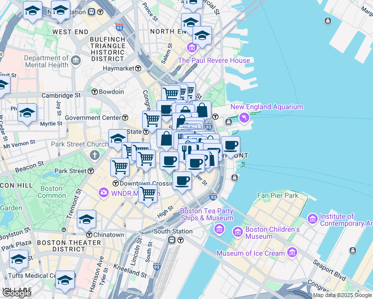 map of restaurants, bars, coffee shops, grocery stores, and more near 153 Milk Street in Boston