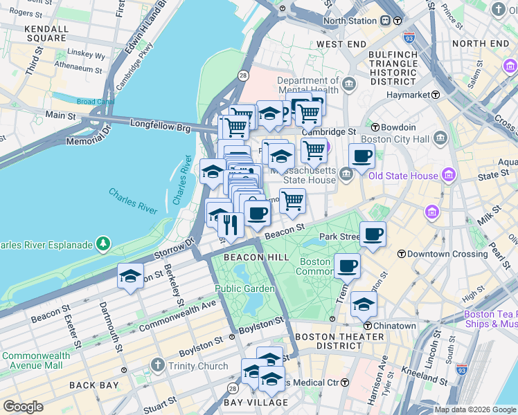 map of restaurants, bars, coffee shops, grocery stores, and more near 28 Branch Street in Boston