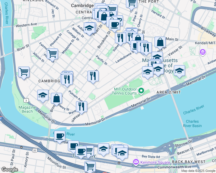 map of restaurants, bars, coffee shops, grocery stores, and more near 229 Vassar Street in Cambridge