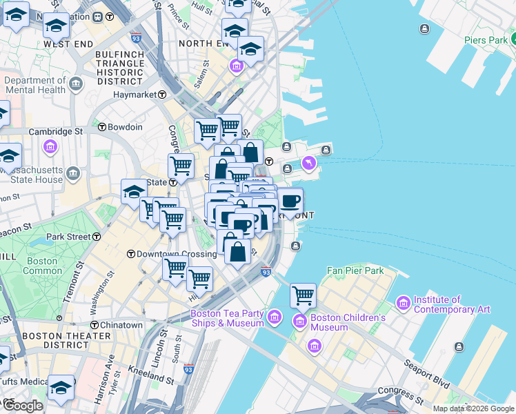 map of restaurants, bars, coffee shops, grocery stores, and more near 125 Broad Street in Boston