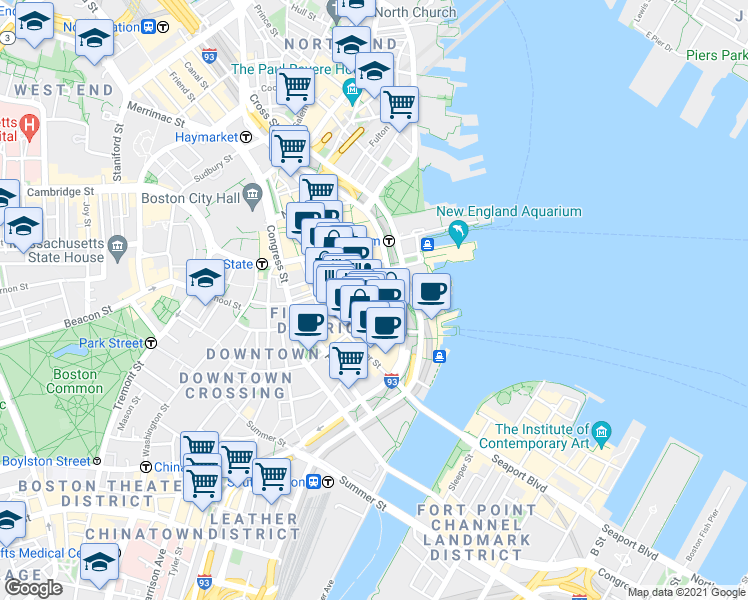map of restaurants, bars, coffee shops, grocery stores, and more near 67 Batterymarch Street in Boston