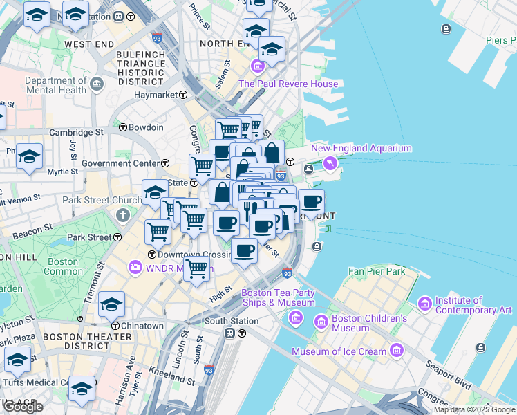 map of restaurants, bars, coffee shops, grocery stores, and more near 67 Batterymarch Street in Boston