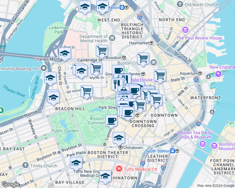 map of restaurants, bars, coffee shops, grocery stores, and more near in Boston