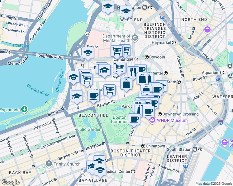 map of restaurants, bars, coffee shops, grocery stores, and more near 7 Joy Place in Boston