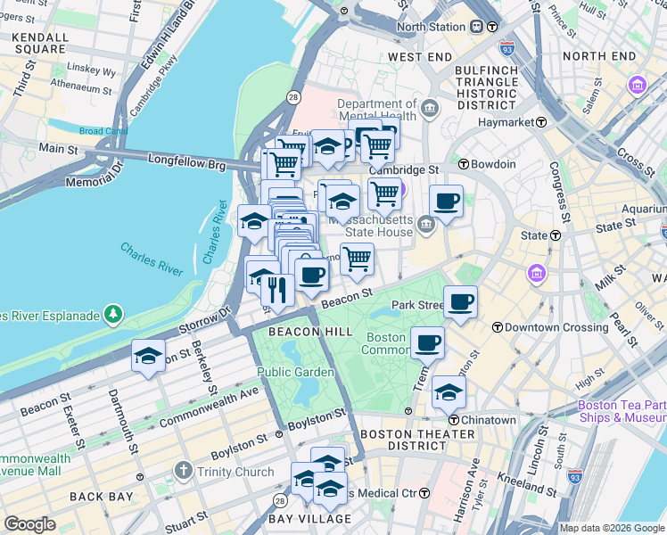 map of restaurants, bars, coffee shops, grocery stores, and more near 28 Branch Street in Boston