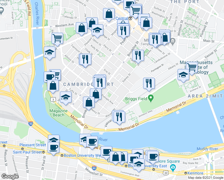 map of restaurants, bars, coffee shops, grocery stores, and more near 216 Sidney Street in Cambridge