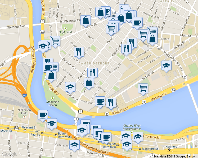 map of restaurants, bars, coffee shops, grocery stores, and more near 14 Putnam Court in Cambridge