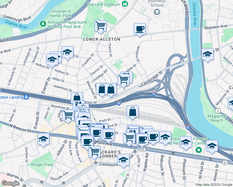 map of restaurants, bars, coffee shops, grocery stores, and more near 310 Cambridge Street in Boston