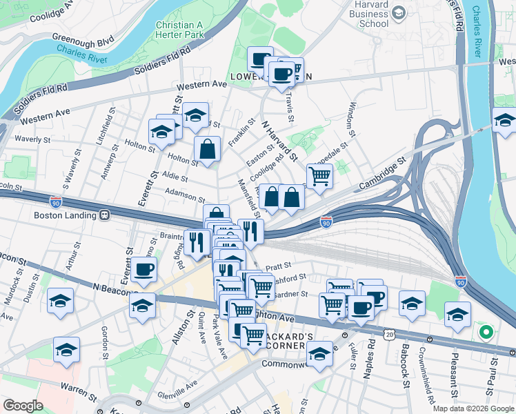 map of restaurants, bars, coffee shops, grocery stores, and more near 21 Mansfield Street in Allston