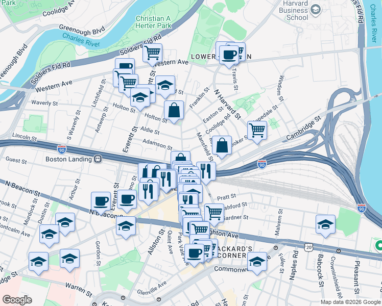 map of restaurants, bars, coffee shops, grocery stores, and more near 298A Lincoln Street in Boston