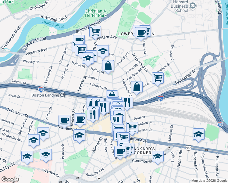 map of restaurants, bars, coffee shops, grocery stores, and more near 298A Lincoln Street in Boston