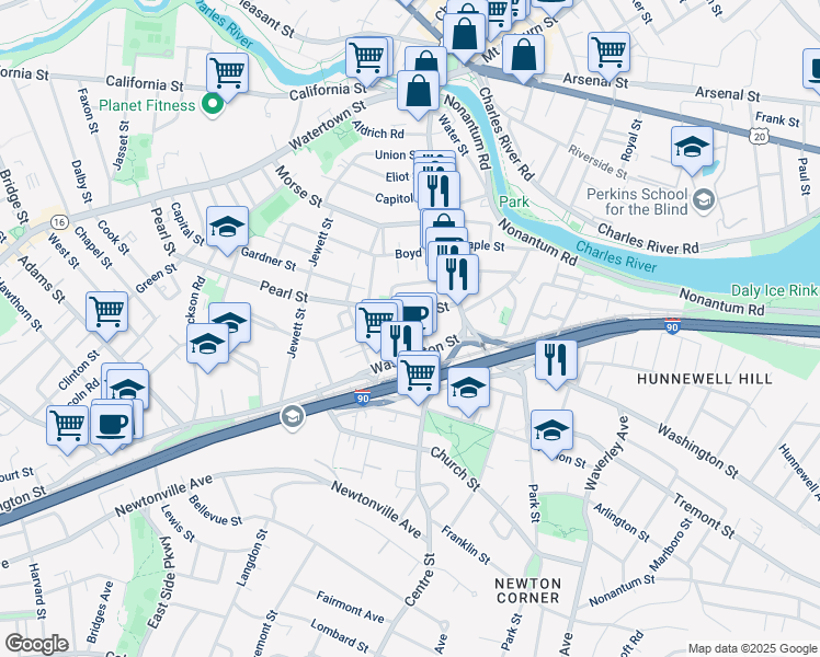 map of restaurants, bars, coffee shops, grocery stores, and more near in Newton