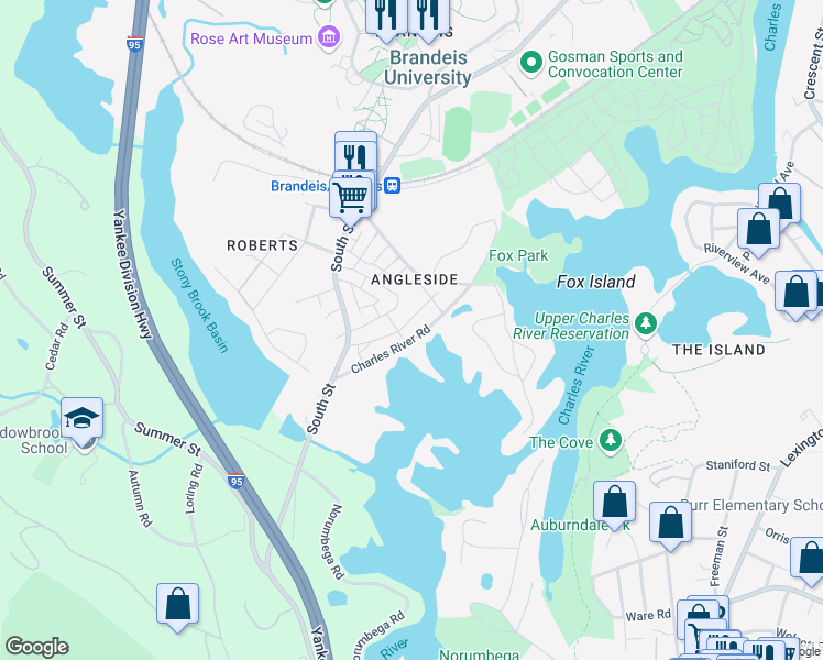 map of restaurants, bars, coffee shops, grocery stores, and more near 72 Charles River Road in Waltham