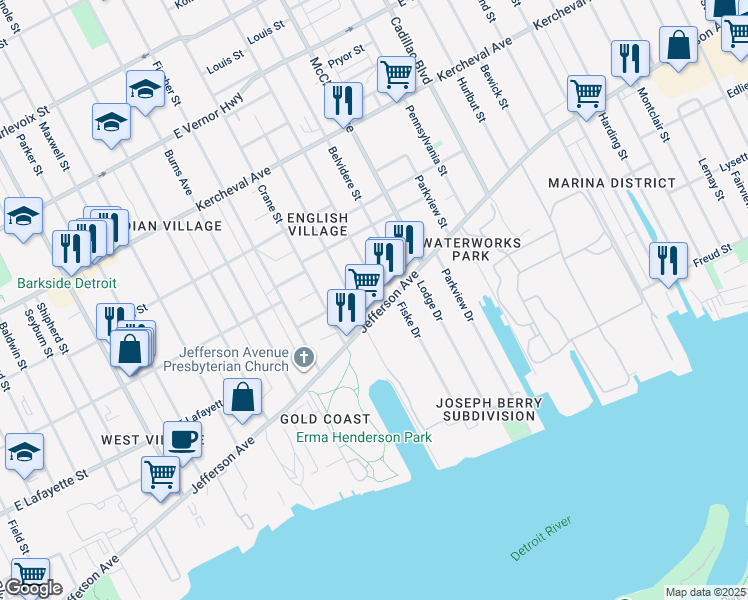 map of restaurants, bars, coffee shops, grocery stores, and more near 567 Fiske Drive in Detroit