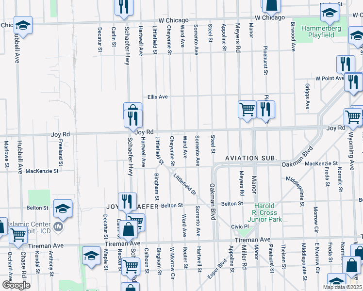 map of restaurants, bars, coffee shops, grocery stores, and more near 8544 Cheyenne Street in Detroit