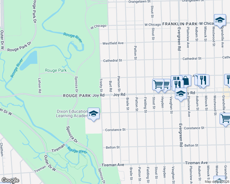 map of restaurants, bars, coffee shops, grocery stores, and more near 8688 Burt Road in Detroit