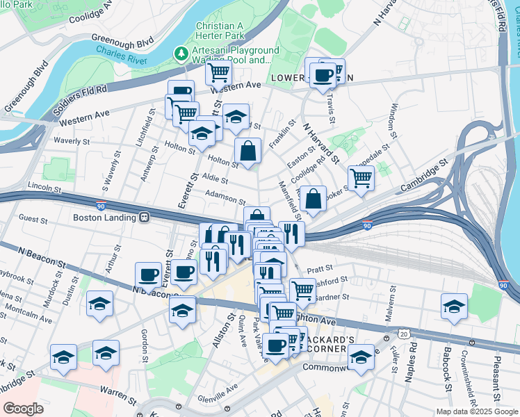 map of restaurants, bars, coffee shops, grocery stores, and more near Franklin Street & Adamson Street in Boston