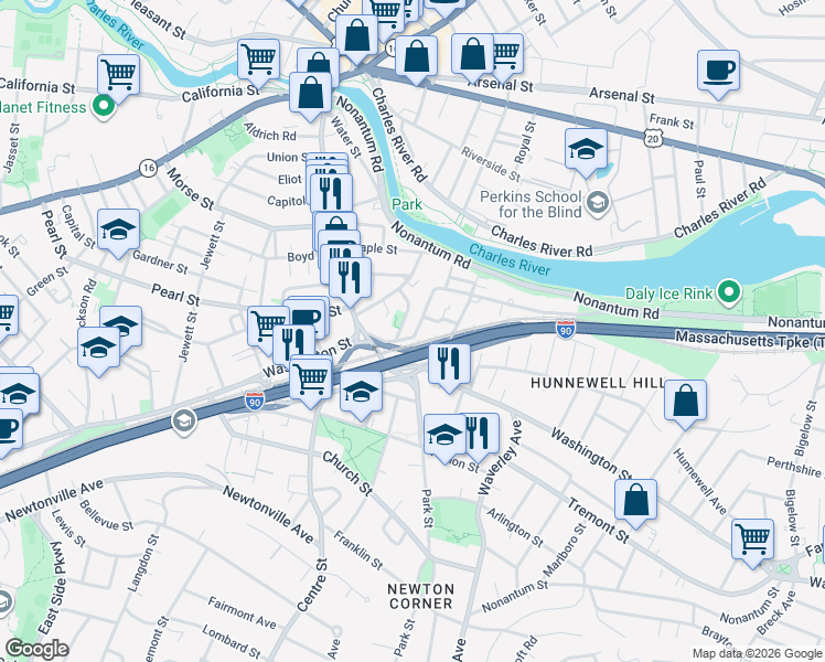 map of restaurants, bars, coffee shops, grocery stores, and more near in Newton