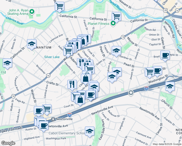 map of restaurants, bars, coffee shops, grocery stores, and more near 8 Clinton Street in Newton