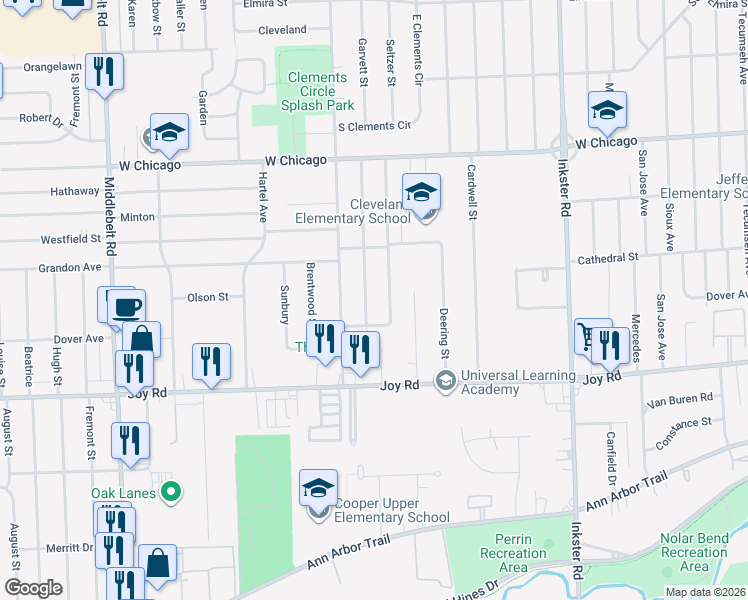 map of restaurants, bars, coffee shops, grocery stores, and more near 9023 Lathers Street in Livonia