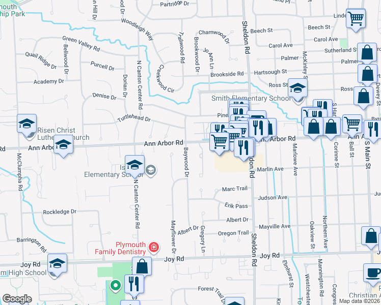 map of restaurants, bars, coffee shops, grocery stores, and more near 9396 Baywood Drive in Plymouth