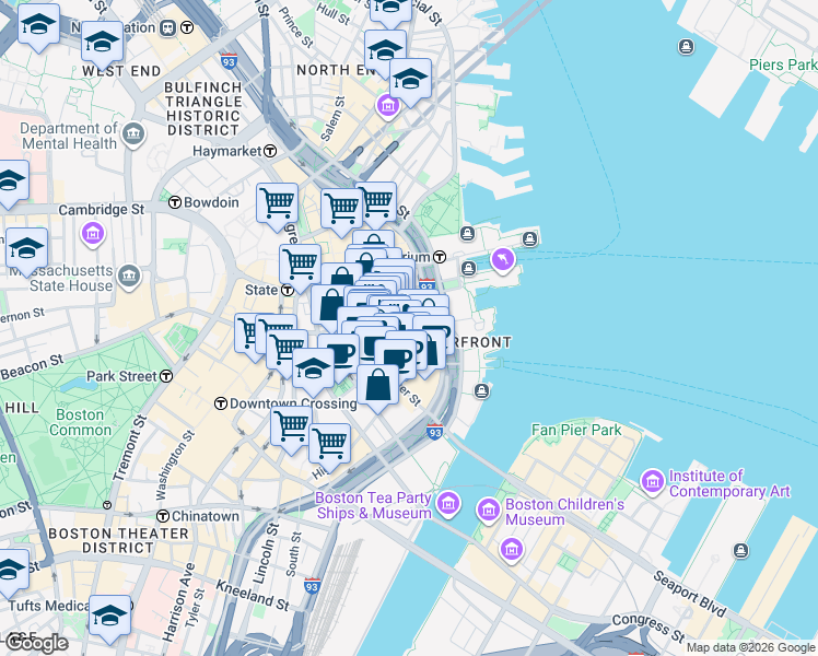 map of restaurants, bars, coffee shops, grocery stores, and more near 80 Broad Street in Boston