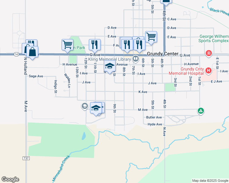 map of restaurants, bars, coffee shops, grocery stores, and more near 1100 9th Street in Grundy Center