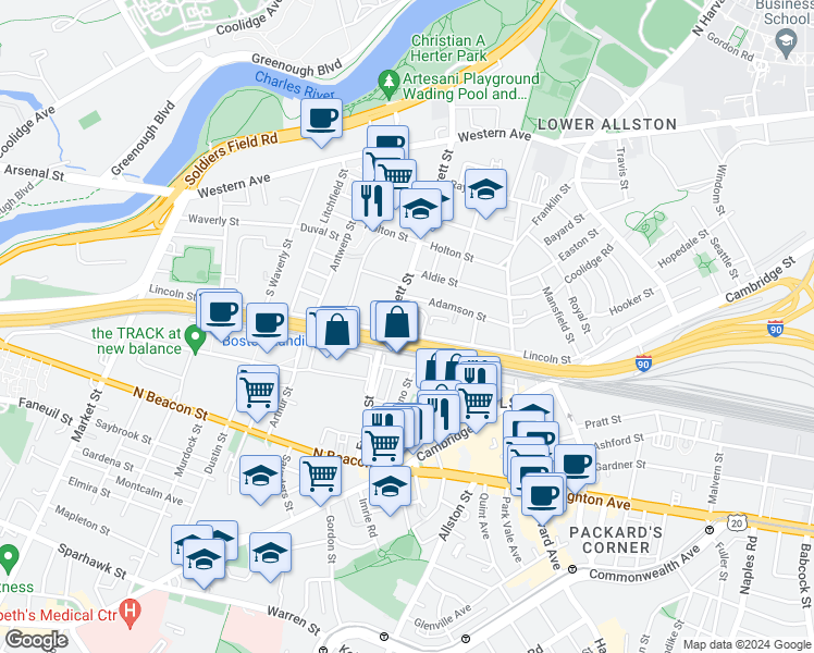 map of restaurants, bars, coffee shops, grocery stores, and more near 218 Lincoln Street in Boston