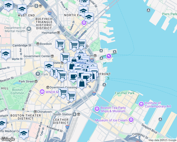 map of restaurants, bars, coffee shops, grocery stores, and more near 1 Marina Park Drive in Boston