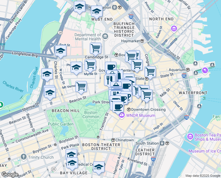 map of restaurants, bars, coffee shops, grocery stores, and more near in Boston