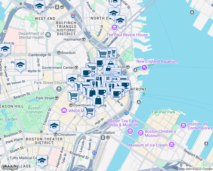map of restaurants, bars, coffee shops, grocery stores, and more near 1 Liberty Square in Boston