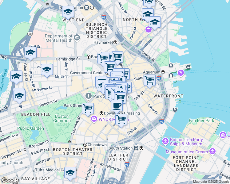 map of restaurants, bars, coffee shops, grocery stores, and more near 275 Washington Street in Boston