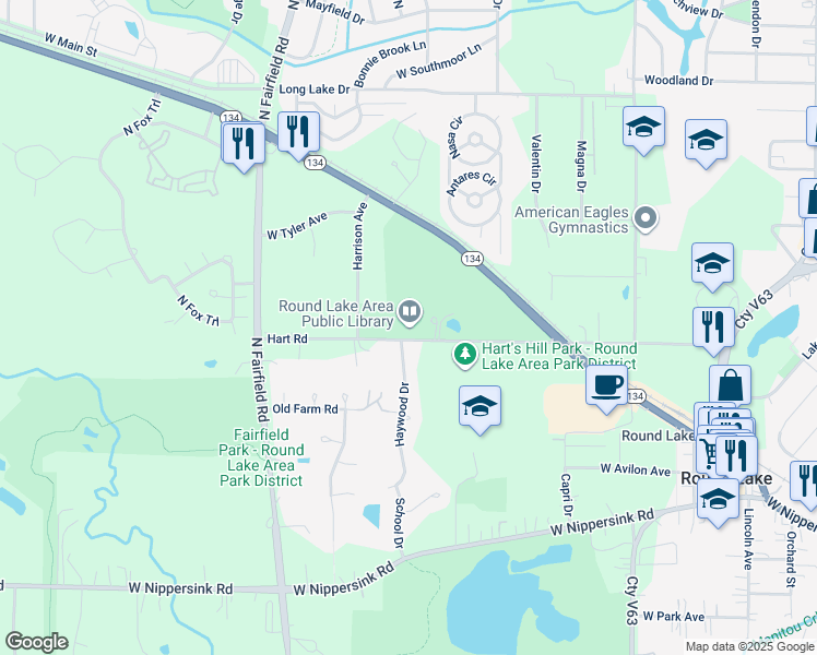 map of restaurants, bars, coffee shops, grocery stores, and more near 906 Hart Road in Round Lake