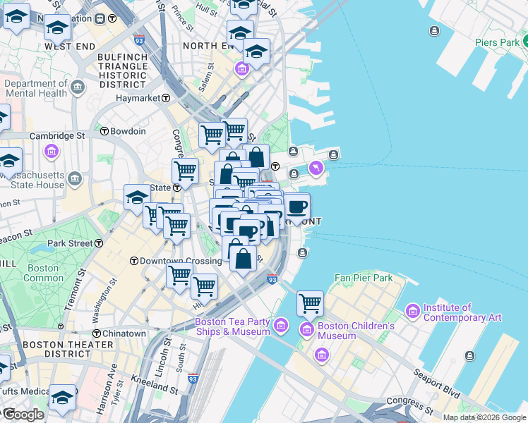 map of restaurants, bars, coffee shops, grocery stores, and more near 22 Boston Wharf Road in Boston