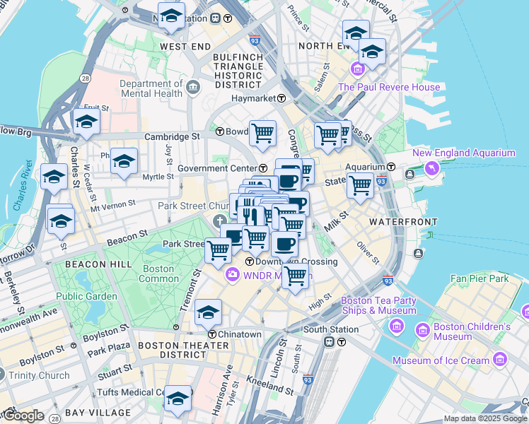 map of restaurants, bars, coffee shops, grocery stores, and more near 60 School Street in Boston