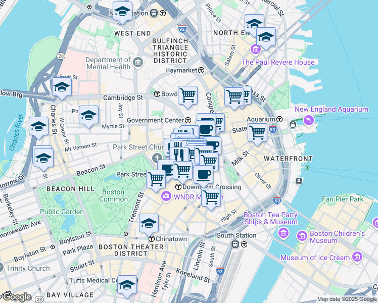 map of restaurants, bars, coffee shops, grocery stores, and more near 327 Washington Street in Boston