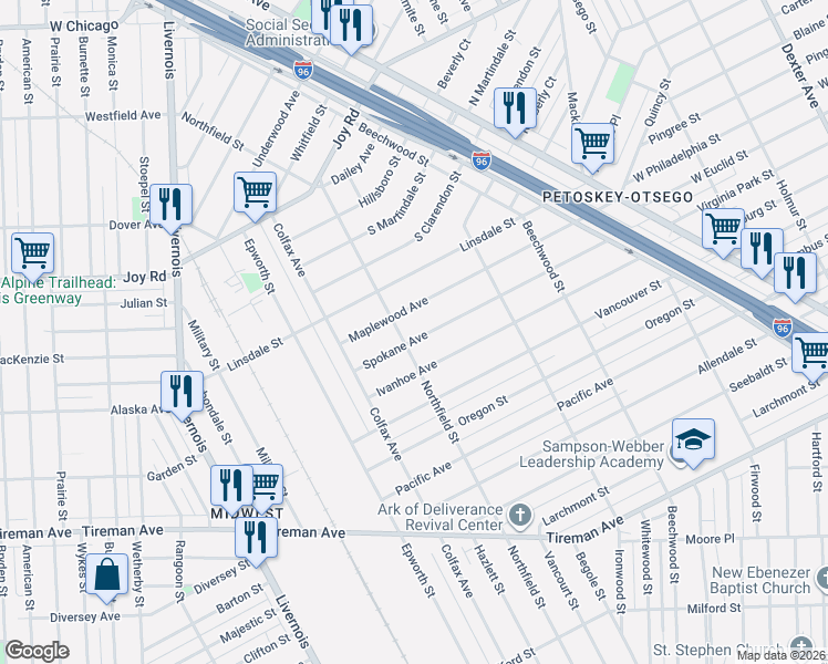 map of restaurants, bars, coffee shops, grocery stores, and more near 5339 Maplewood Avenue in Detroit