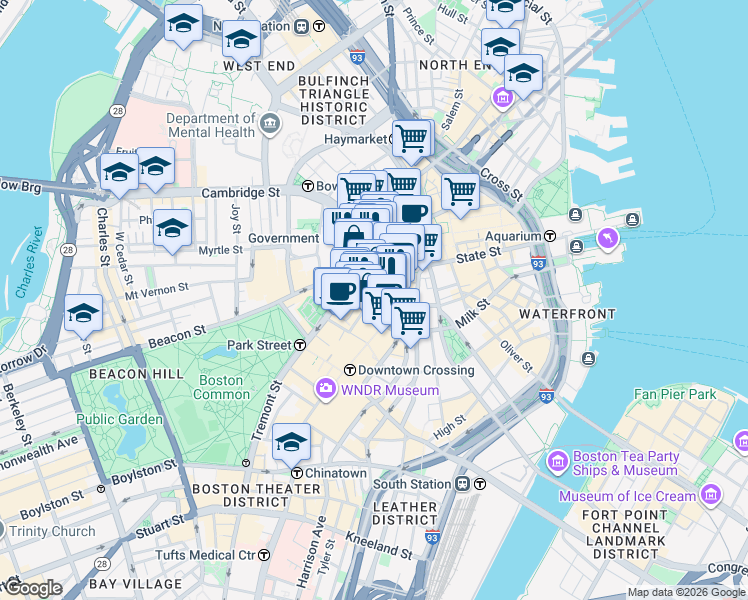 map of restaurants, bars, coffee shops, grocery stores, and more near 25 School Street in Boston