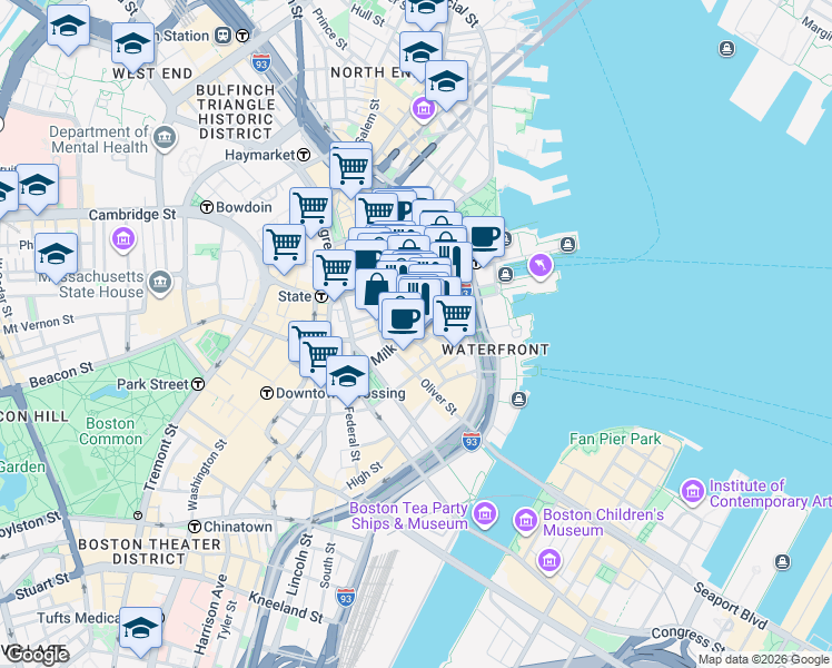 map of restaurants, bars, coffee shops, grocery stores, and more near 40 Broad Street in Boston