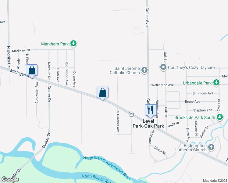 map of restaurants, bars, coffee shops, grocery stores, and more near 175 North Gardner Avenue in Battle Creek