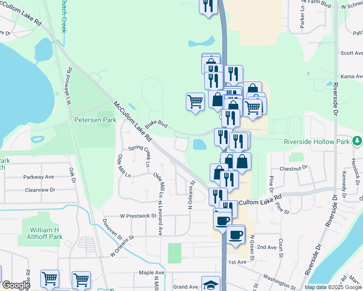 map of restaurants, bars, coffee shops, grocery stores, and more near 3801 Blake Boulevard in McHenry