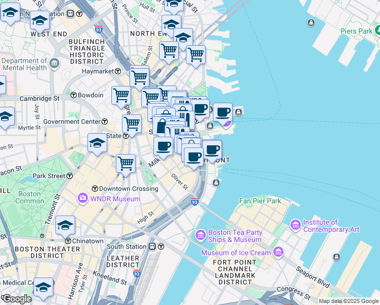 map of restaurants, bars, coffee shops, grocery stores, and more near 74-8 Milk Street in Boston
