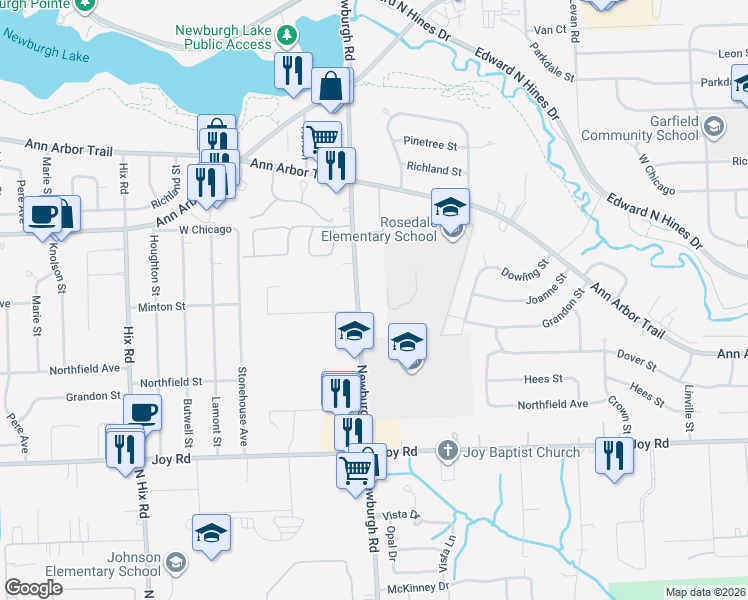map of restaurants, bars, coffee shops, grocery stores, and more near 9222 Newburgh Road in Livonia