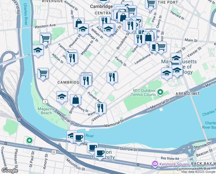 map of restaurants, bars, coffee shops, grocery stores, and more near 200 Sidney Street in Cambridge