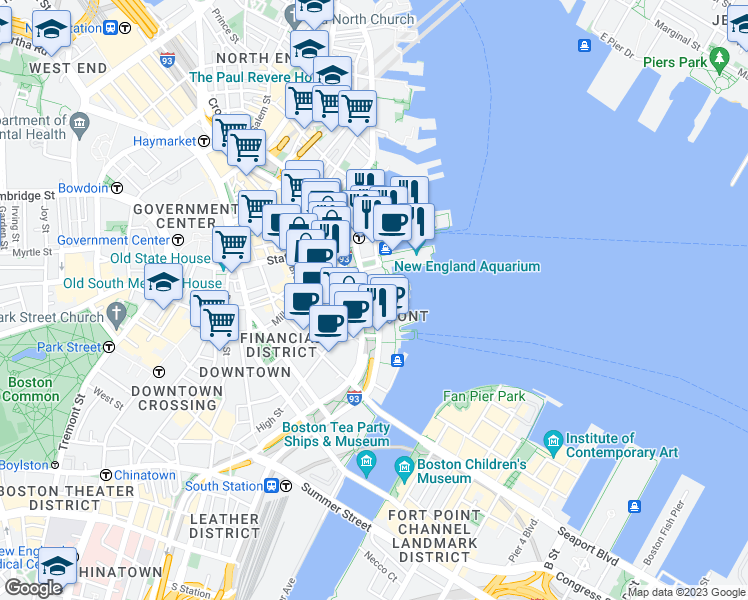 map of restaurants, bars, coffee shops, grocery stores, and more near 65 East India Row in Boston