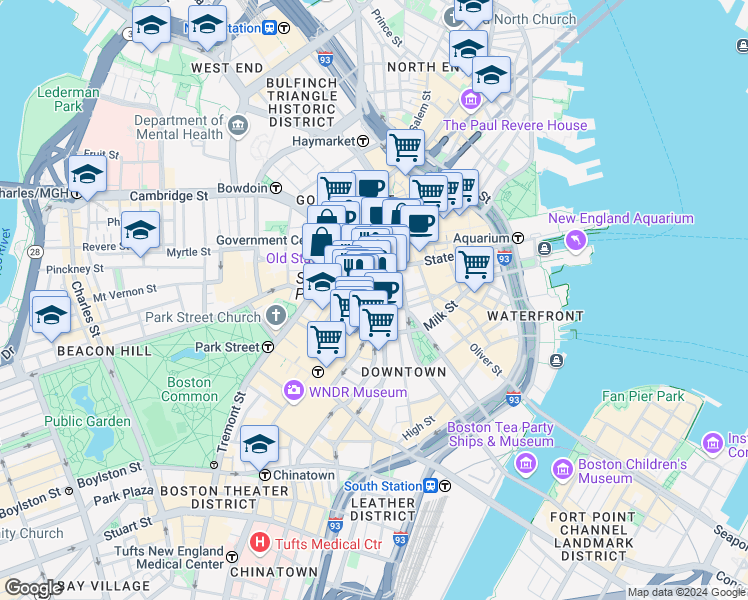 map of restaurants, bars, coffee shops, grocery stores, and more near 200 Washington Street in Boston